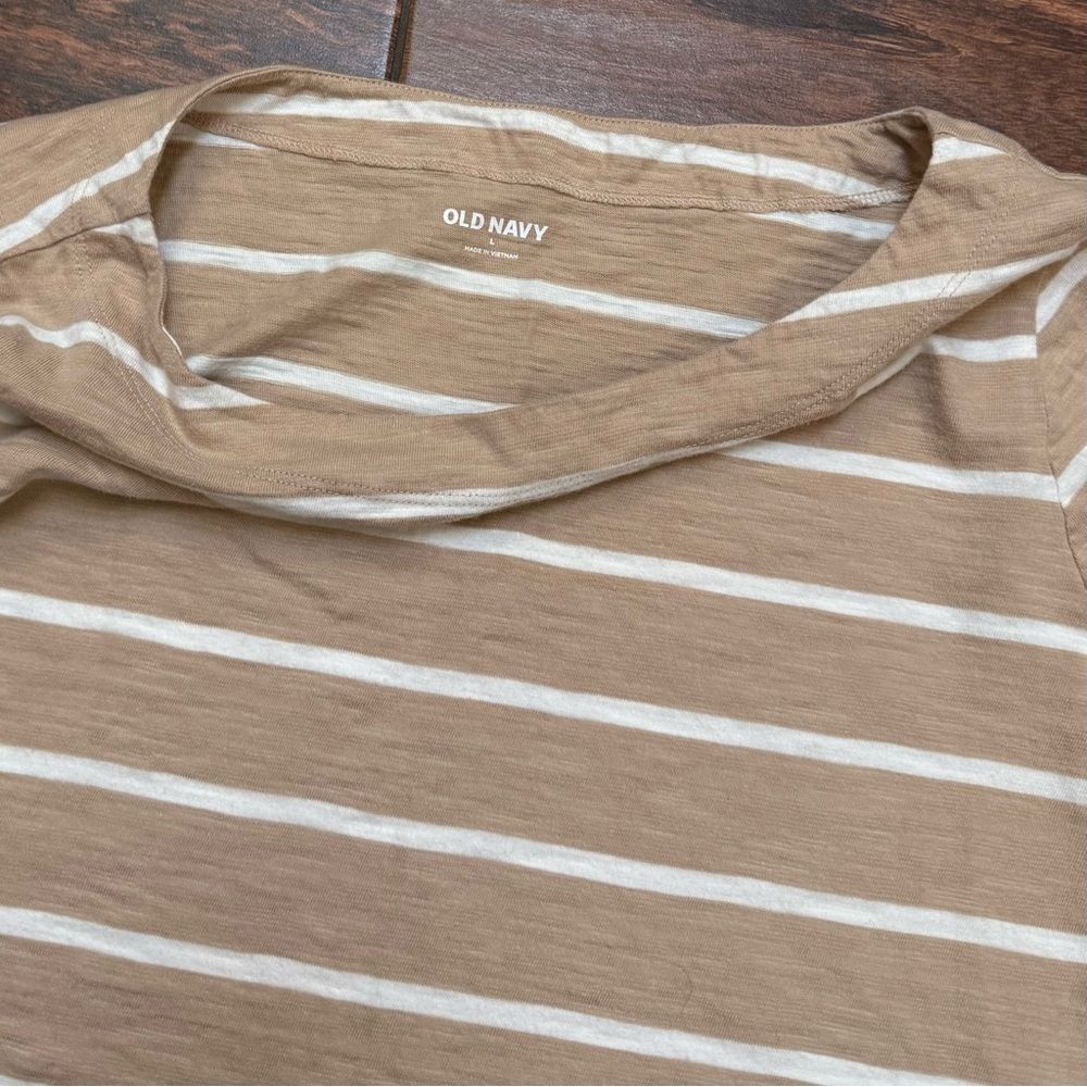 Old Navy Women's Knit T-Shirt Long Sleeve Boat Neck Sz L Earth Brown/Tan Stripe - Picture 5 of 6